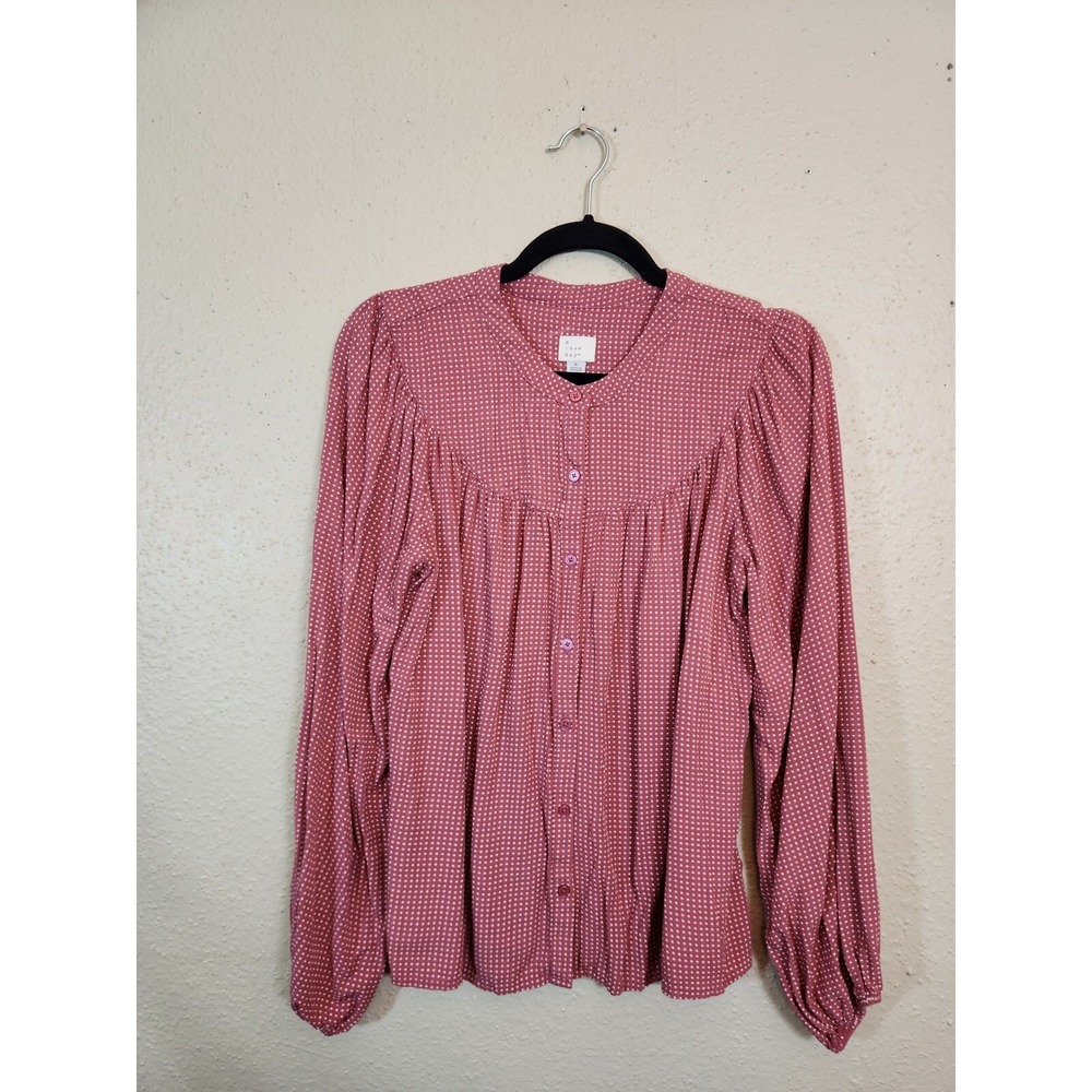 A New Day Womens S Pink Polka Dot Blouse Button Down Pleated Long Sleeve Top